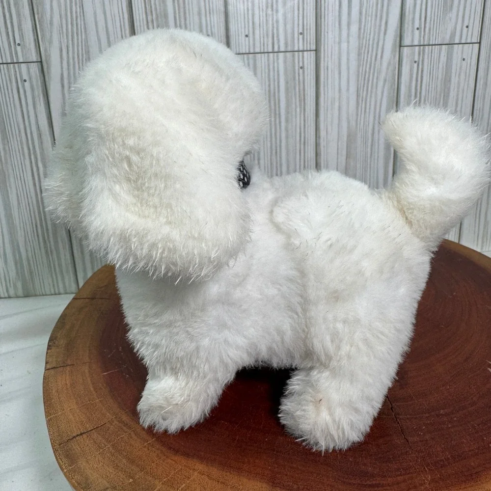 White Electronic Plush Puppy Dog Walking Toy Polka Dot Collar 7 Inch